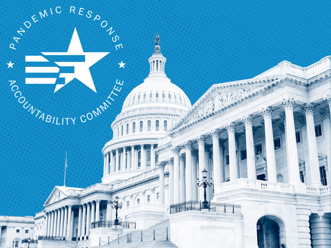 Pandemic Response Accountability Committee logo plus an image of the US capital building on a bright blue background