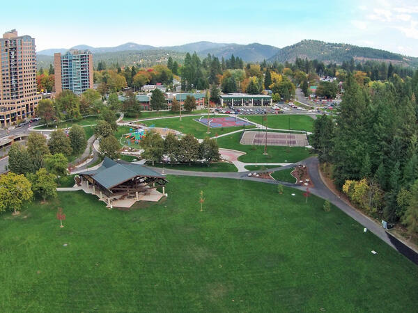 drone view of downtown Coeur d'Alene