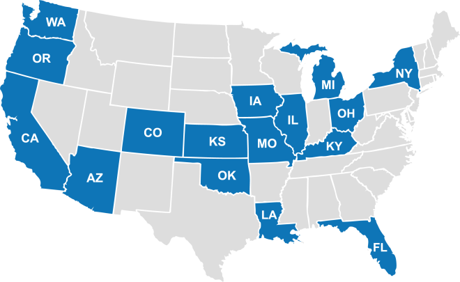 Map of the united states showing 16 states colored in blue. The remaining states are light grey. The blue states are the ones that have reports on pandemic-related unemployment benefits featured in this report. The 16 blue states are Washington, Oregon, and California, Arizona, Colorado, Kansas, Oklahoma, Louisiana, Missouri, Iowa, Illinois, Kentucky, Ohio, Michigan, New York, and Florida. 