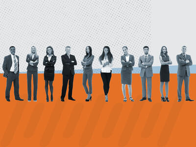 business people standing in a line with a bright orange background