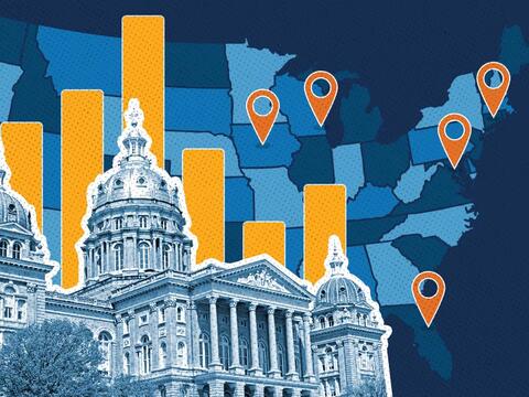 State capitol building with a US map background