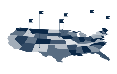 blue map of the U S with six location markers on it