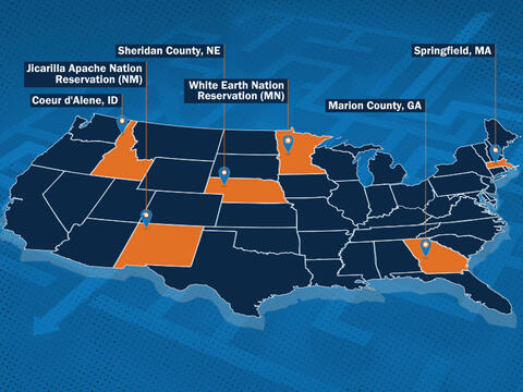 map of the united states with markers for six locations named in the associated report