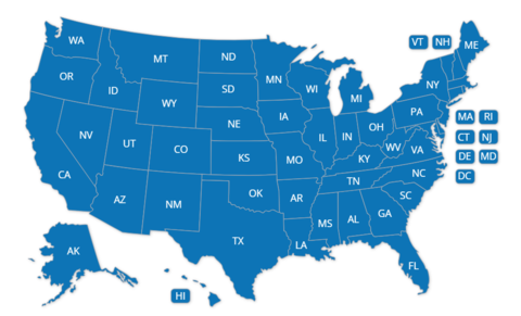 A blue map of the United States