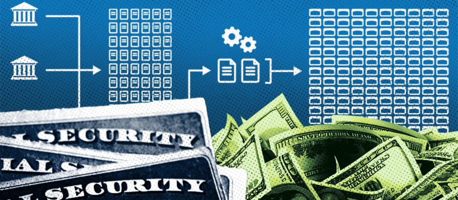 A stack of Social Security Cards sits beside a stack of money.